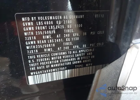 2013 Volkswagen Tiguan Se z USA, uszkodzony, nr VIN WVGAV7AX9DW527057